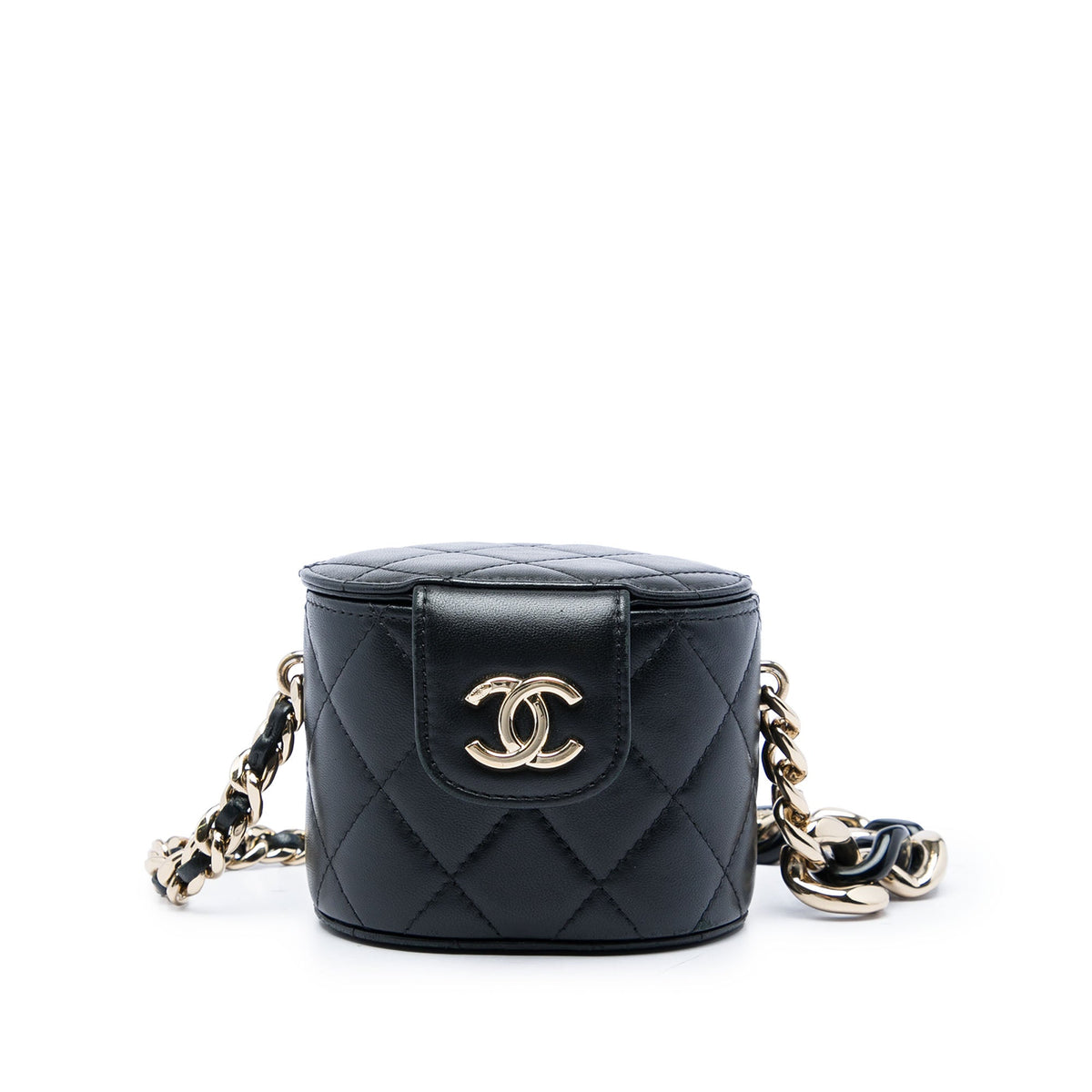 Chanel Mini Quilted Lambskin Round Vanity Case with Chain — Black