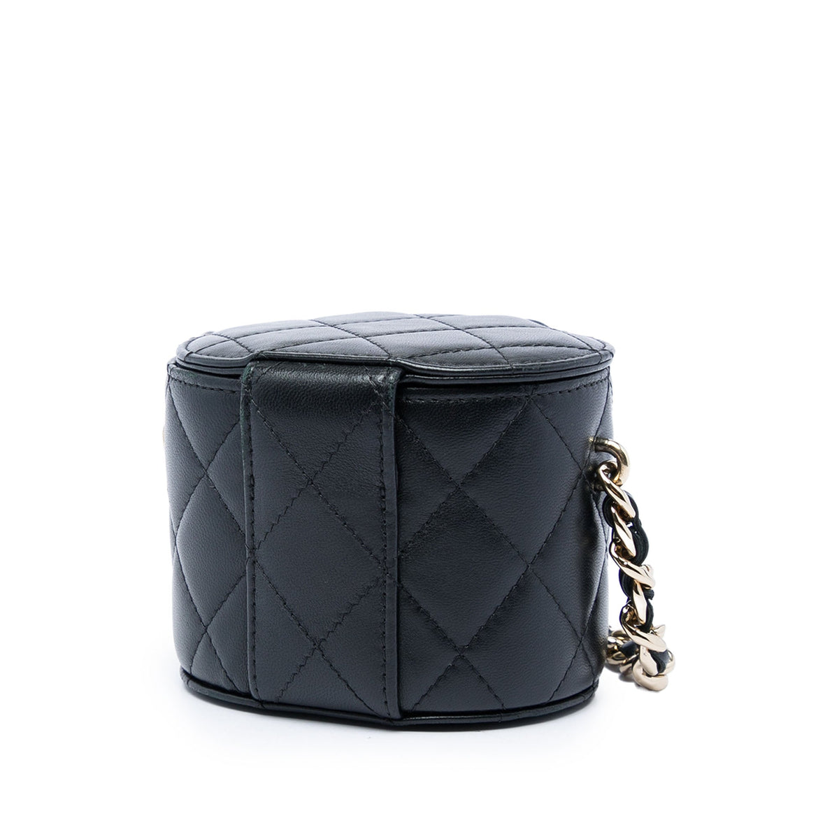 Chanel Mini Quilted Lambskin Round Vanity Case with Chain — Black