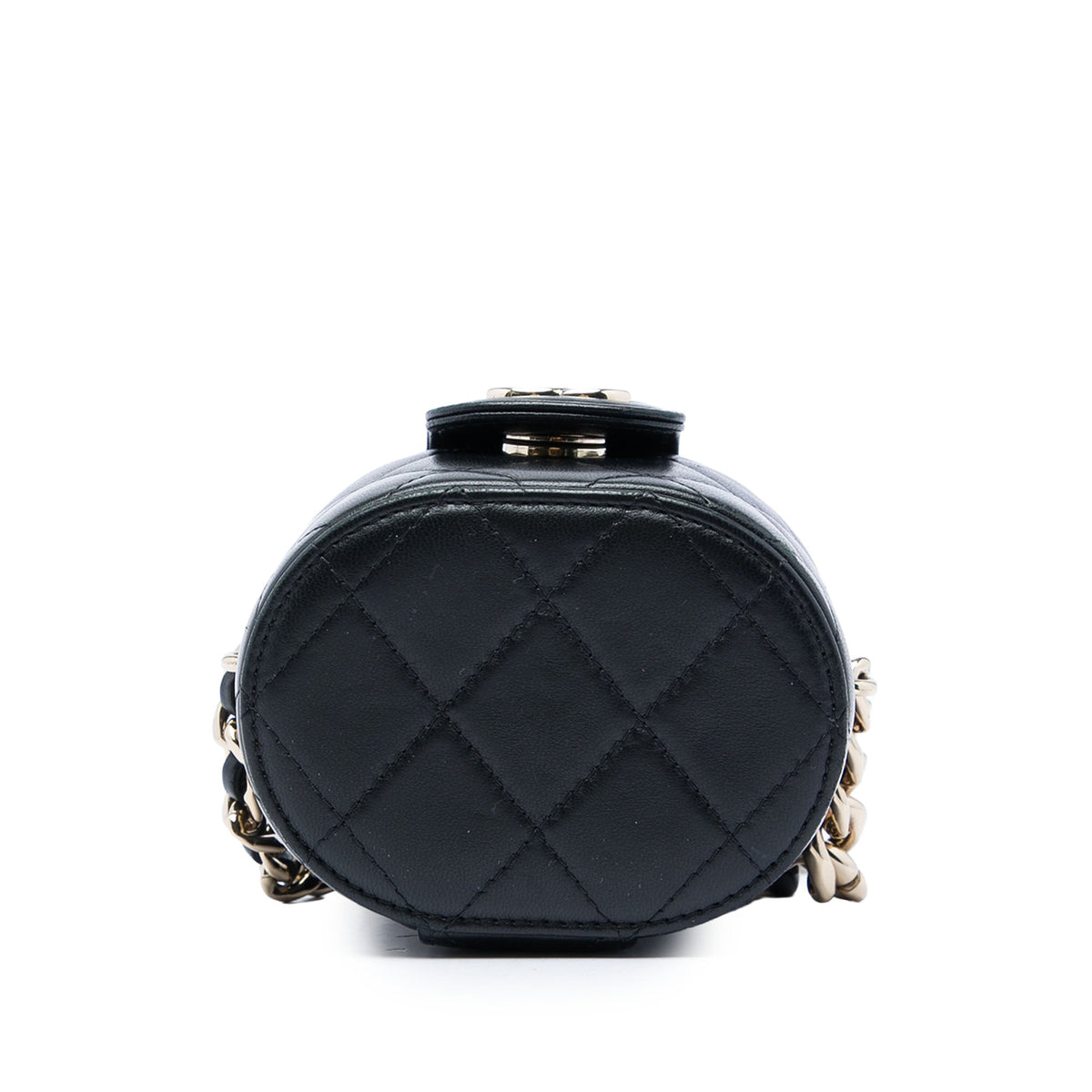 Chanel Mini Quilted Lambskin Round Vanity Case with Chain — Black