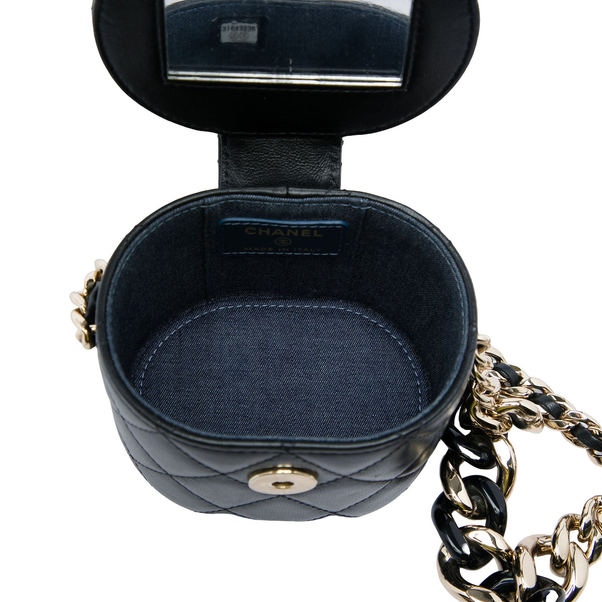 Chanel Mini Quilted Lambskin Round Vanity Case with Chain — Black