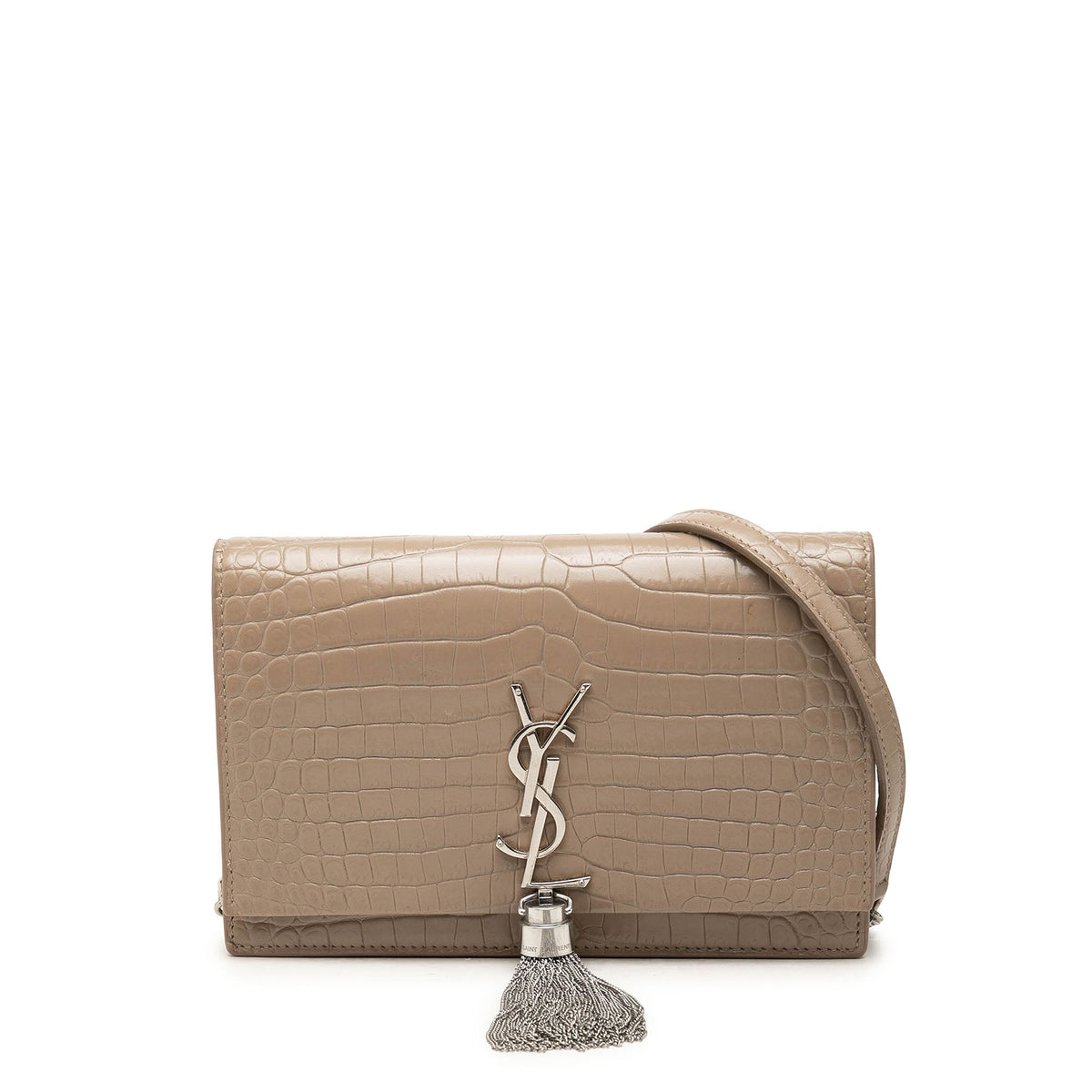 Saint Laurent Small Croc Embossed Leather Monogram Kate Tassel Crossbody — Brown
