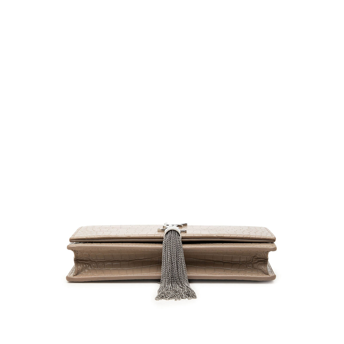 Saint Laurent Small Croc Embossed Leather Monogram Kate Tassel Crossbody — Brown