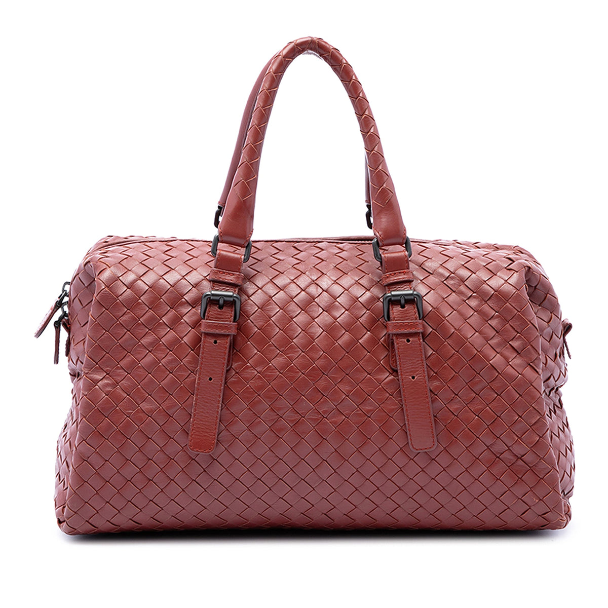 Bottega Veneta Nappa Intrecciato Boston Bag — Red
