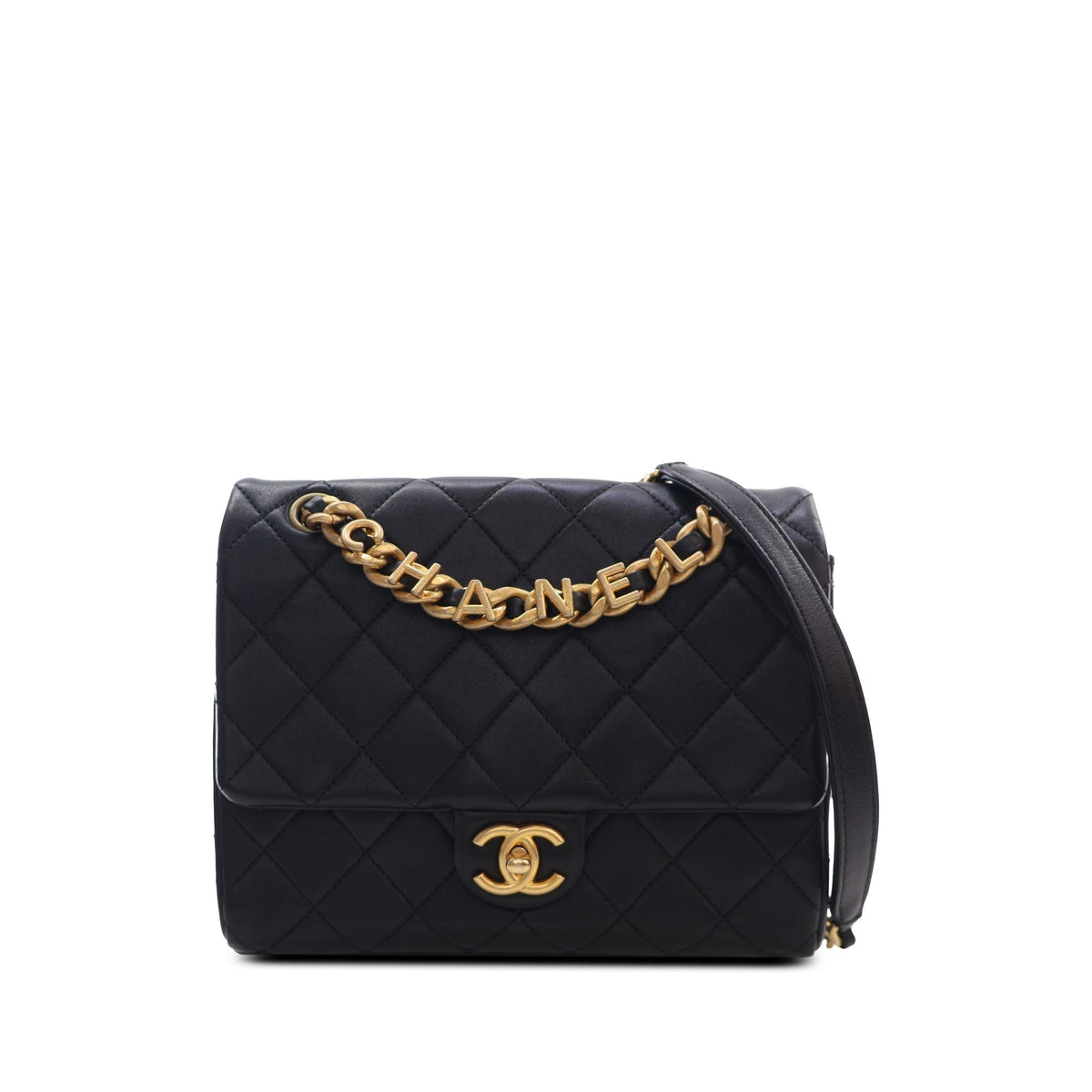Chanel Quilted Lambskin Logo Letters Chanel Touch Chain Flap — Black
