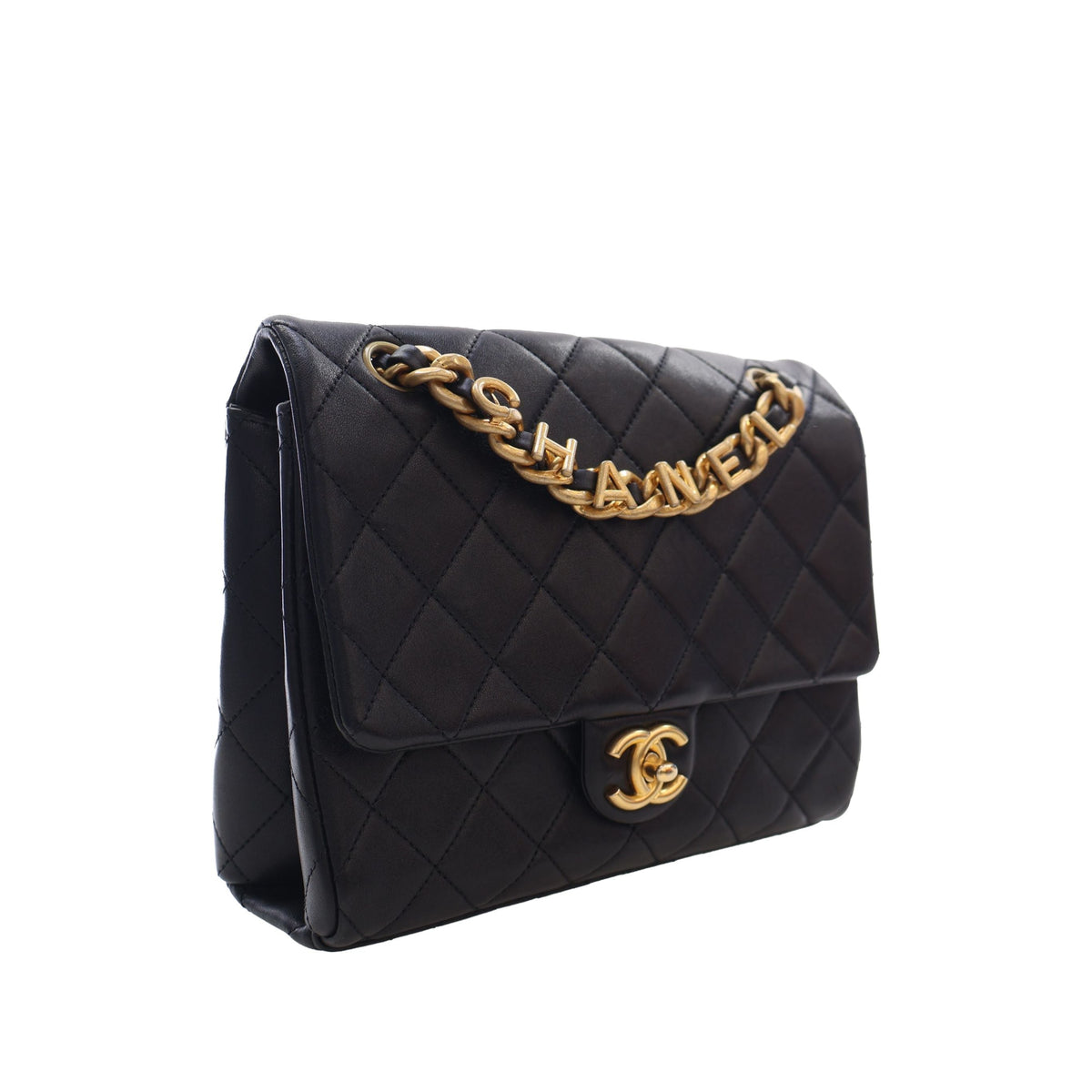Chanel Quilted Lambskin Logo Letters Chanel Touch Chain Flap — Black
