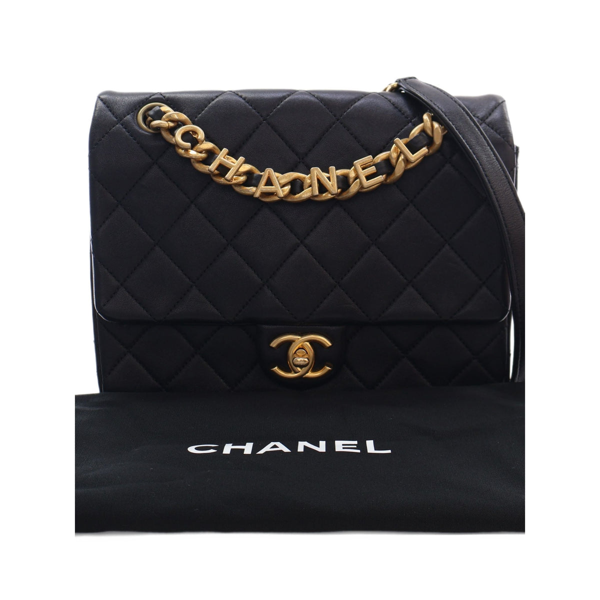 Chanel Quilted Lambskin Logo Letters Chanel Touch Chain Flap — Black