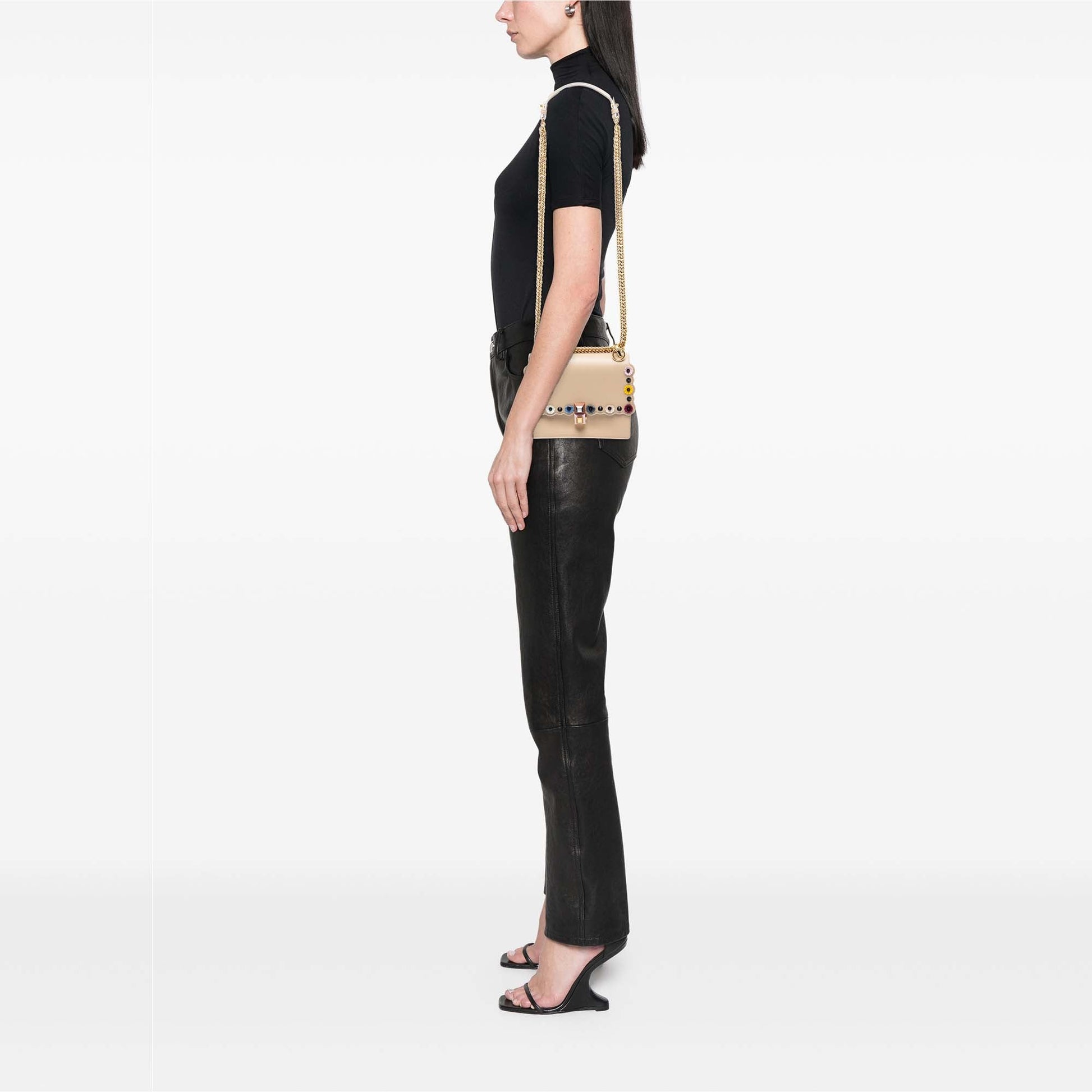 Fendi Mini Scalloped Leather and Studded Floral Kan I Crossbody