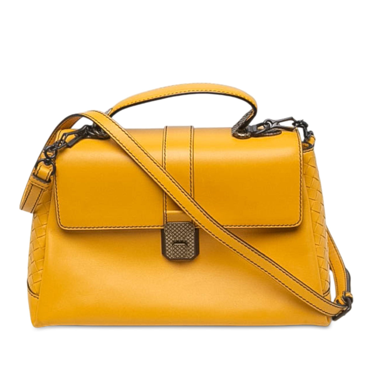 Bottega Veneta Medium Intrecciato Trimmed Nappa Piazza Top Handle Satchel — Yellow
