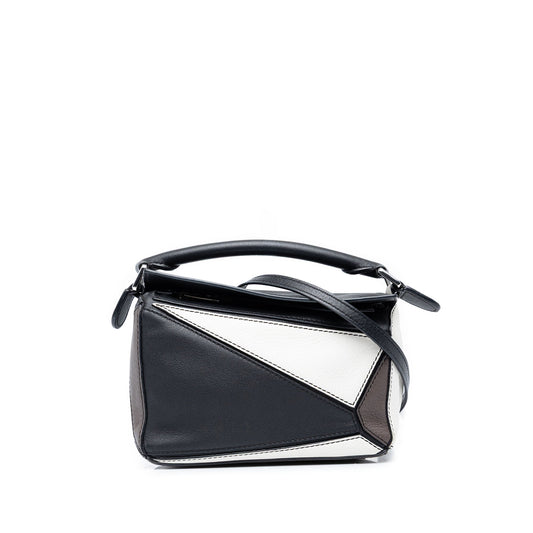 LOEWE Mini Tricolor Calfskin Puzzle Satchel — Black