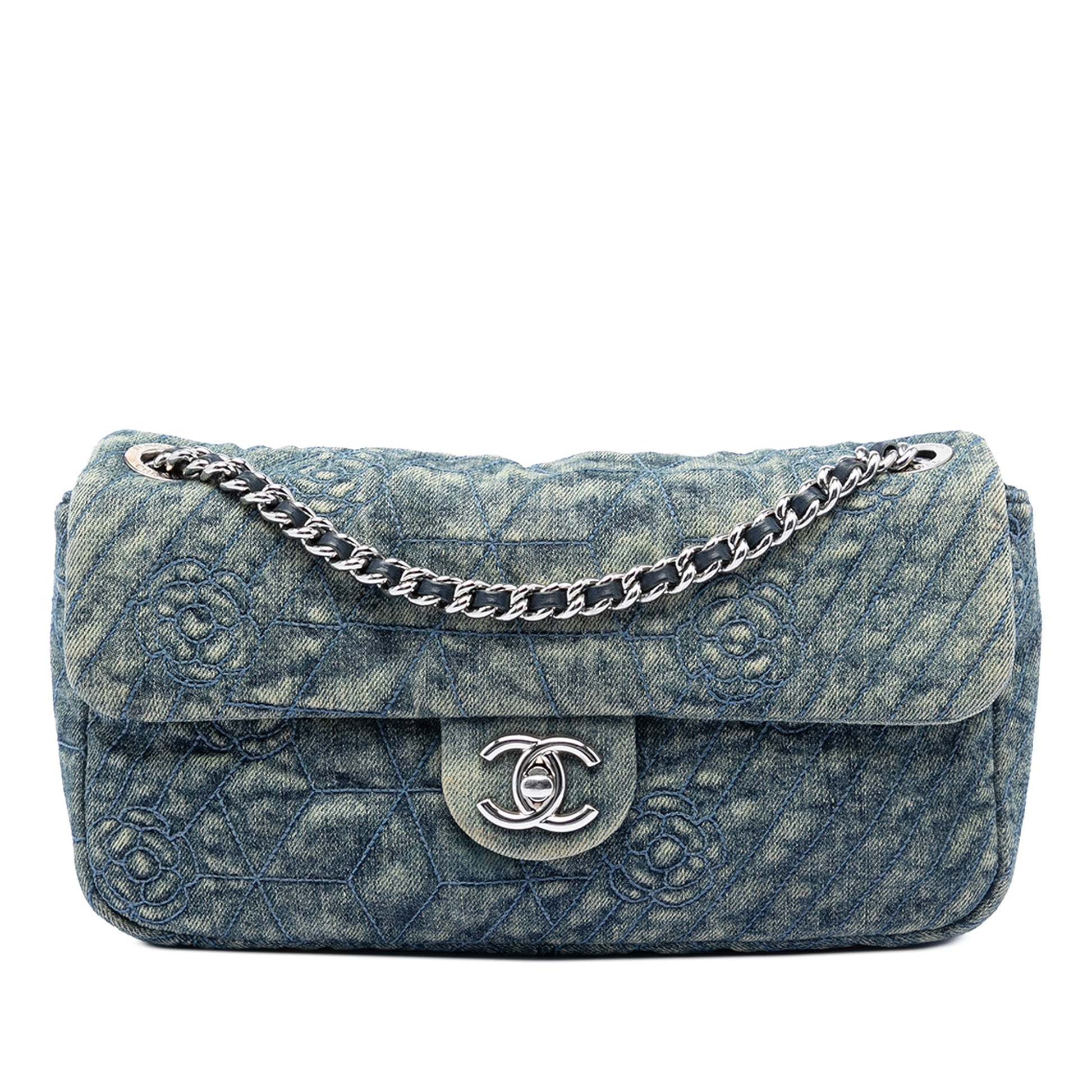 Chanel Medium Embroidered Denim Camellia Flap