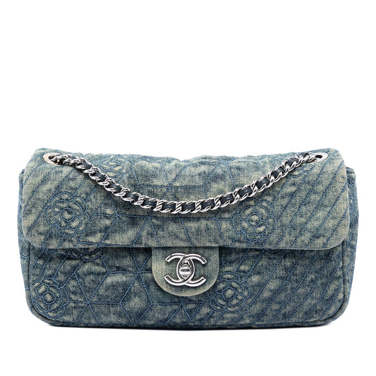 Chanel Medium Embroidered Denim Camellia Flap