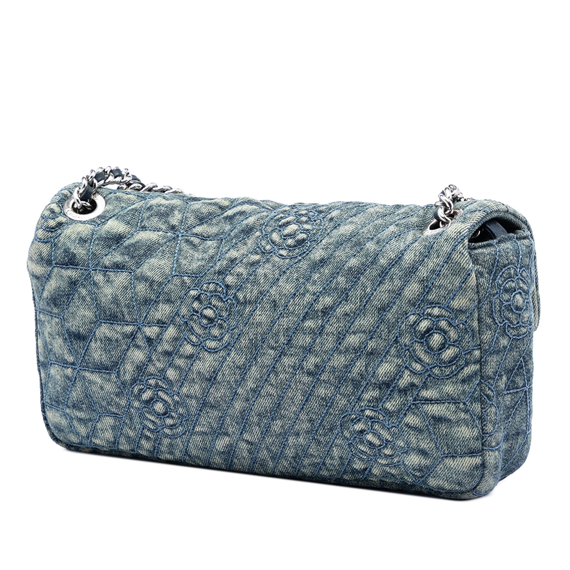 Chanel Medium Embroidered Denim Camellia Flap