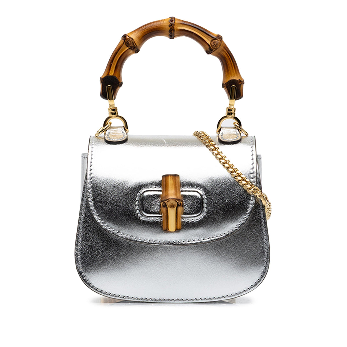 Gucci Nano Metallic Calfskin 1947 Bamboo Top Handle Bag — Silver
