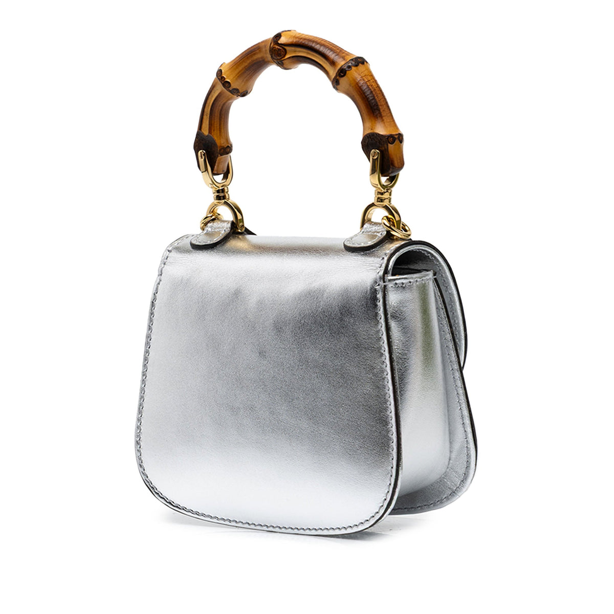 Gucci Nano Metallic Calfskin 1947 Bamboo Top Handle Bag — Silver