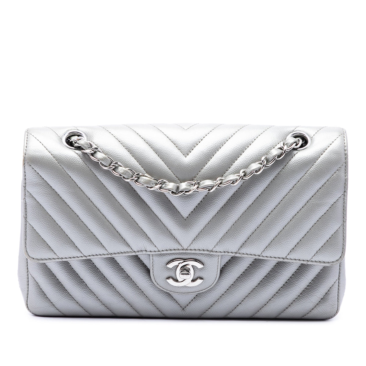 Chanel Medium Classic Chevron Caviar Double Flap — Silver