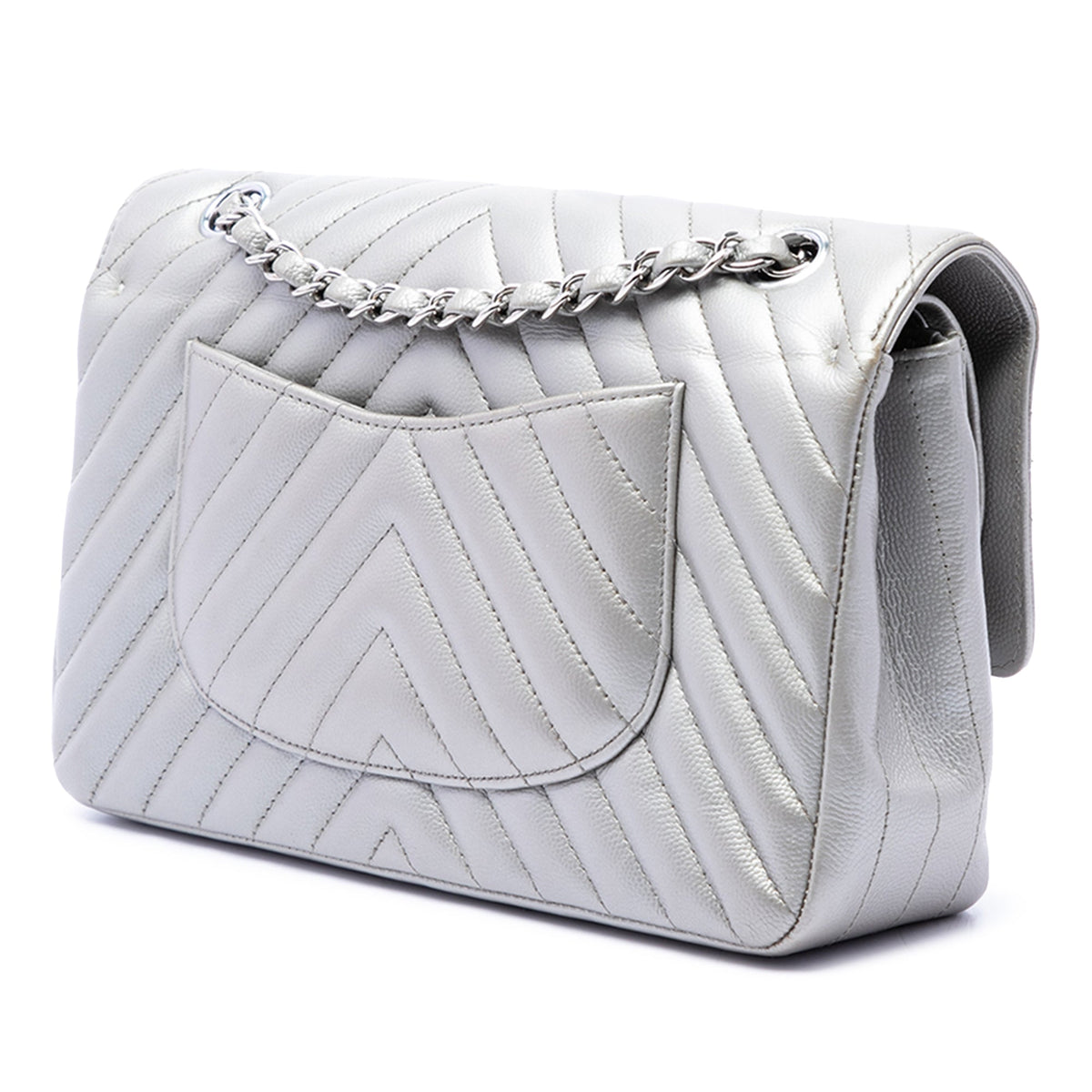 Chanel Medium Classic Chevron Caviar Double Flap — Silver