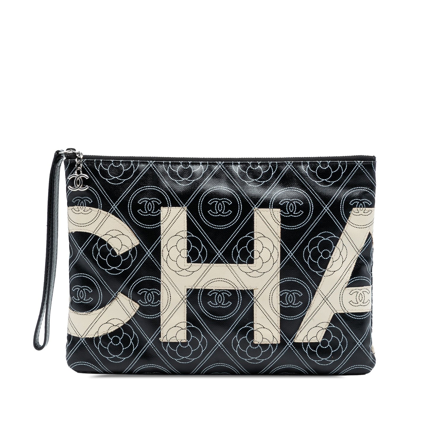 Chanel Coated Canvas Camellia Logo Wristlet Clutch