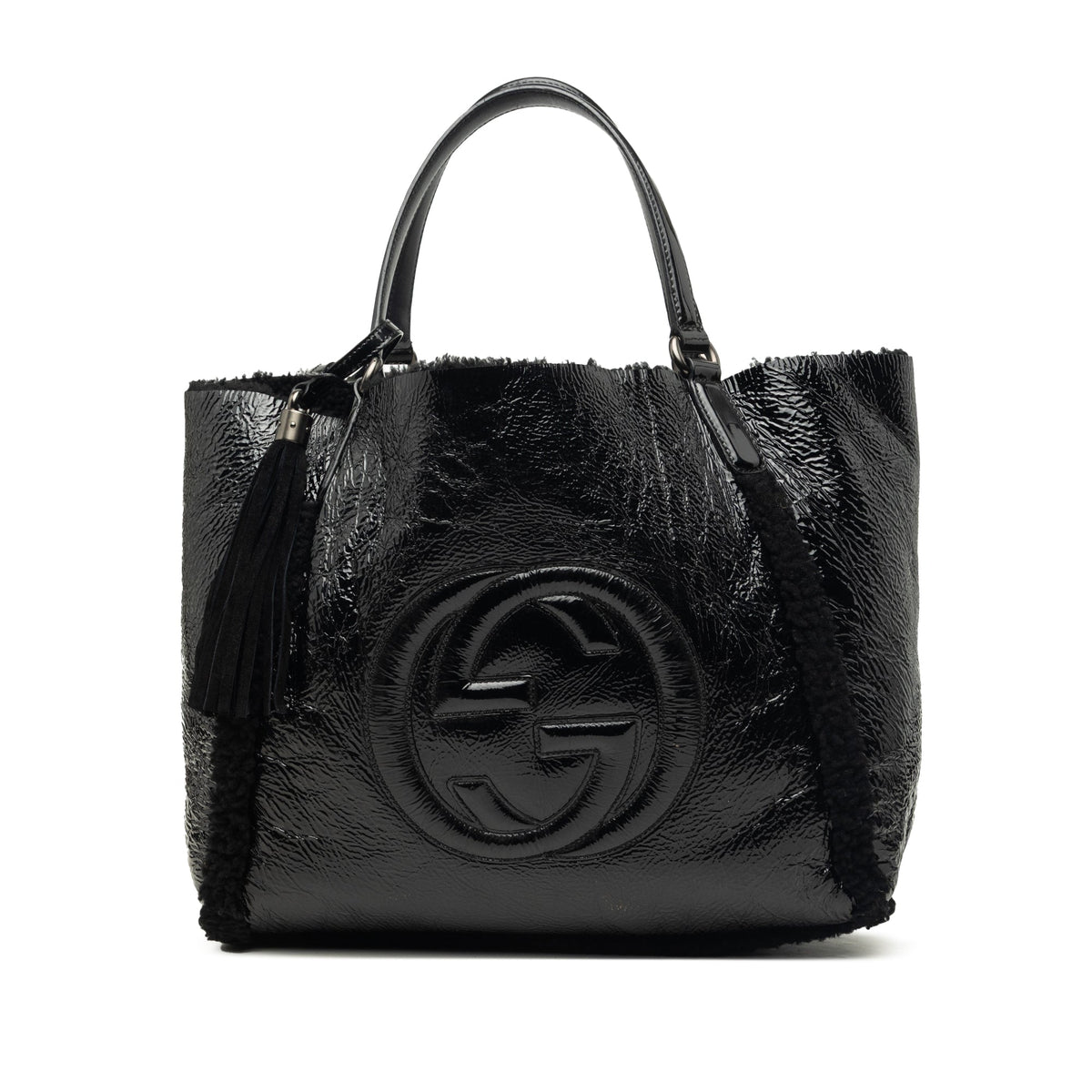 Gucci Medium Shearling Trimmed Patent Soho Cellarius Tote