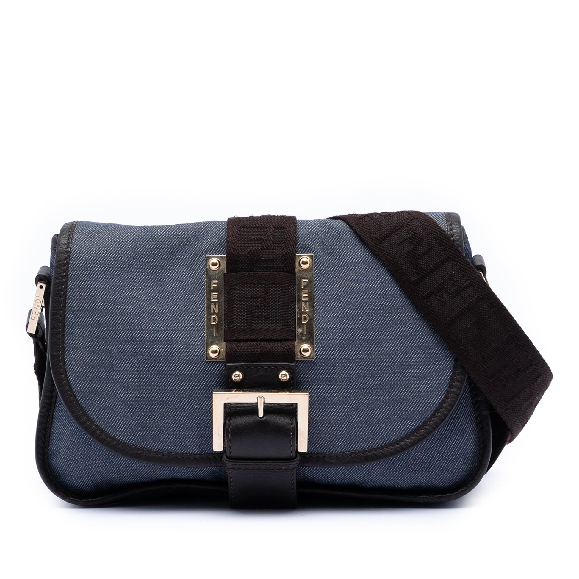 Fendi Zucca Trimmed Denim Buckle Flap