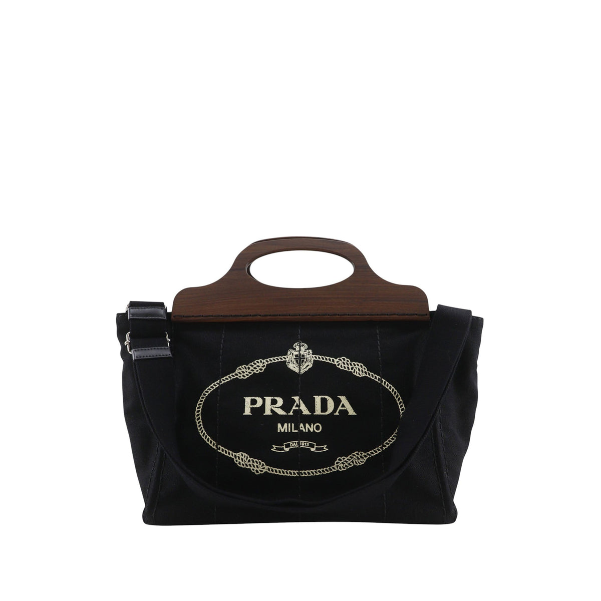 Prada Canvas Wood Handle Canapa Logo Satchel