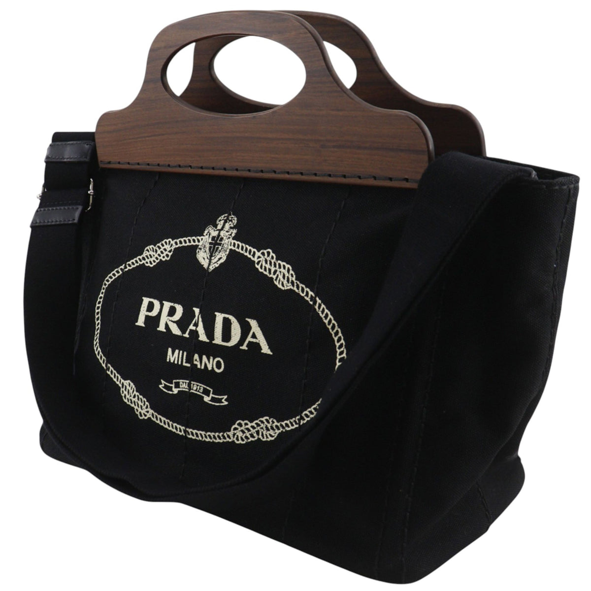 Prada Canvas Wood Handle Canapa Logo Satchel