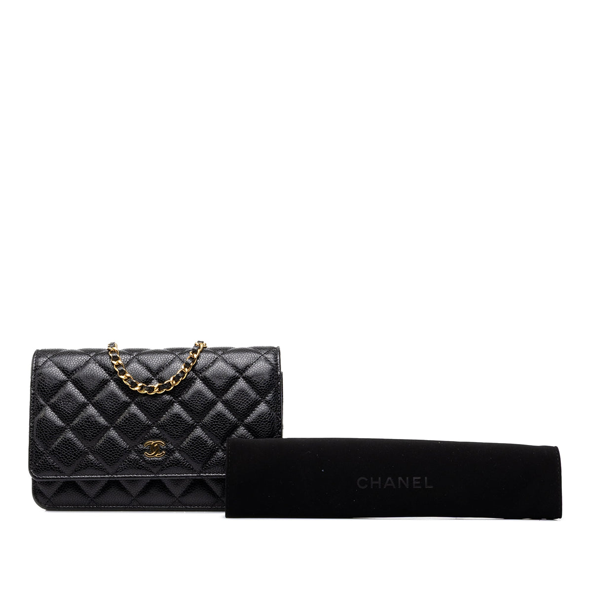 Chanel CC Quilted Caviar Wallet on Chain — Black