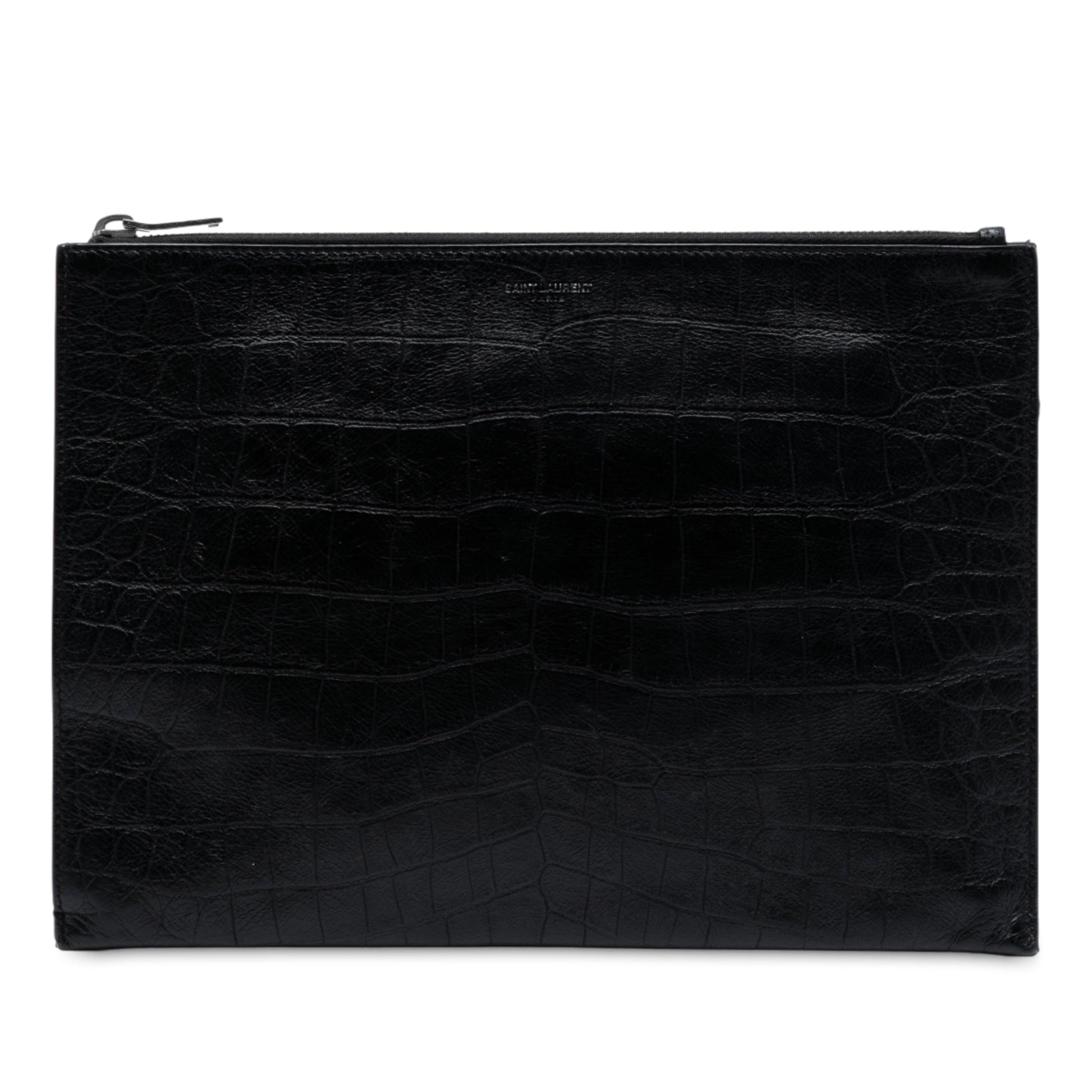 Saint Laurent Croc Embossed Leather Clutch