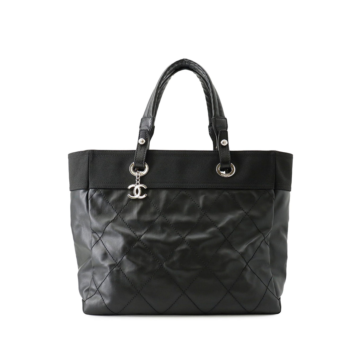 Chanel Medium Quilted Coated Canvas Paris Biarritz Tote — Black