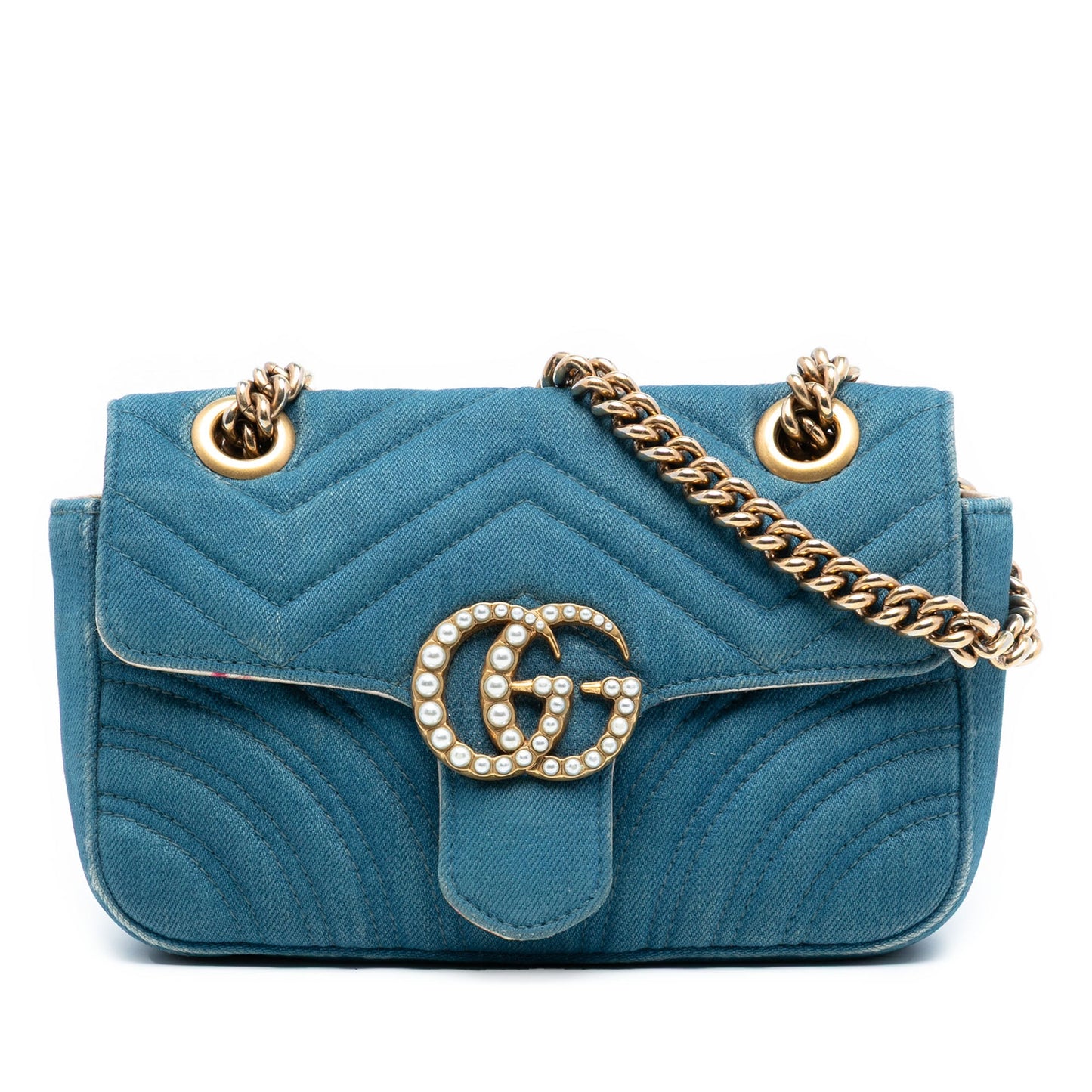 Gucci Small GG Marmont Matelasse Denim Pearly Shoulder Bag