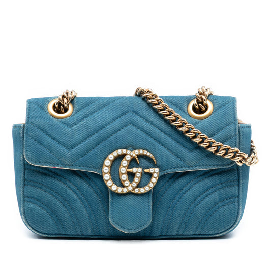 Gucci Small GG Marmont Matelasse Denim Pearly Shoulder Bag
