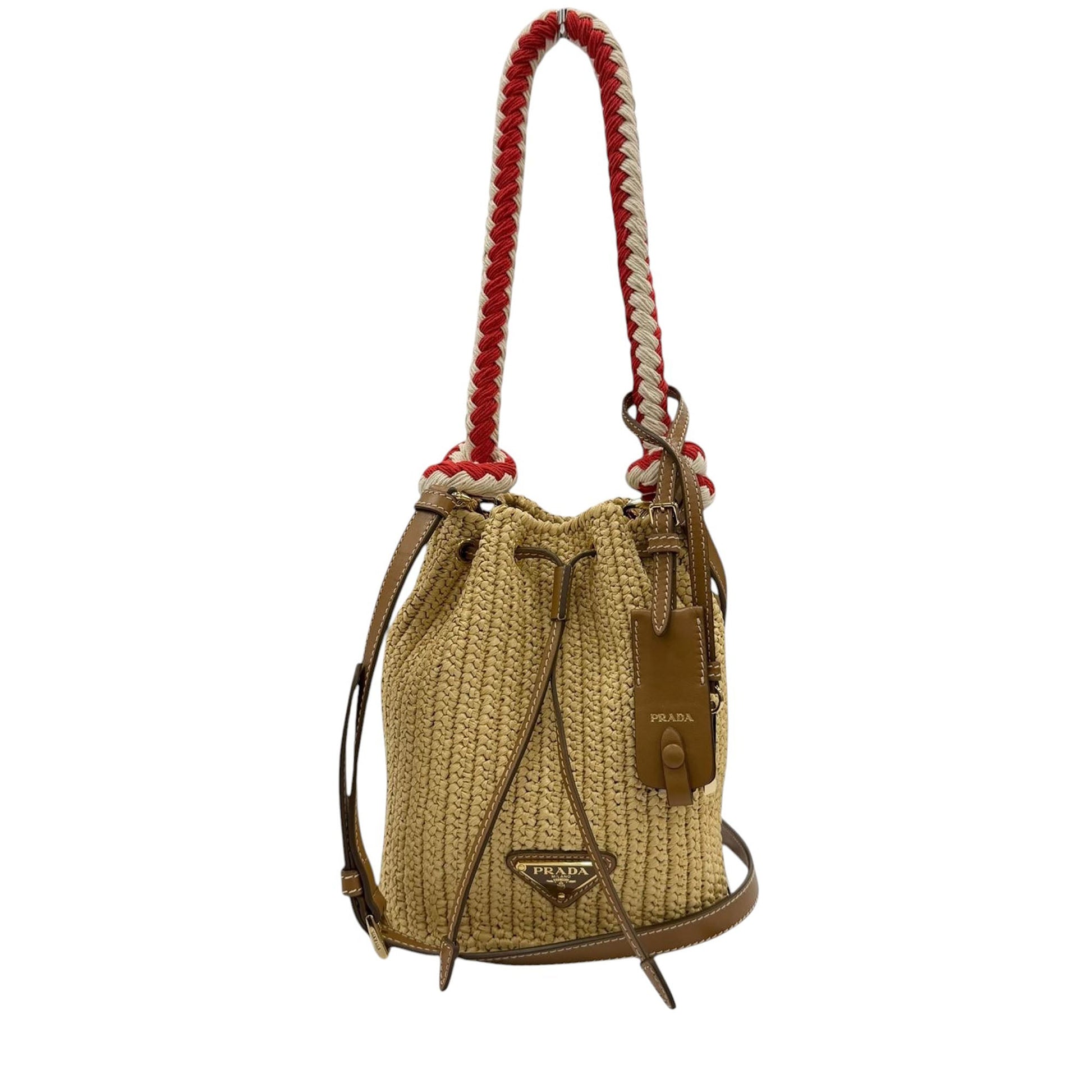 Prada Mini Raffia Effect Crochet Bucket Bag
