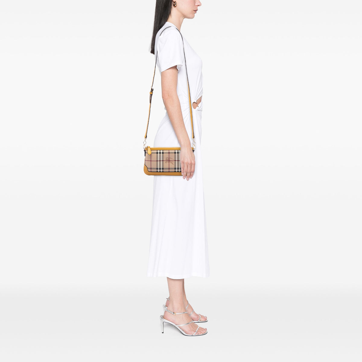 Burberry Haymarket Check Coated Canvas Peyton Crossbody — Beige