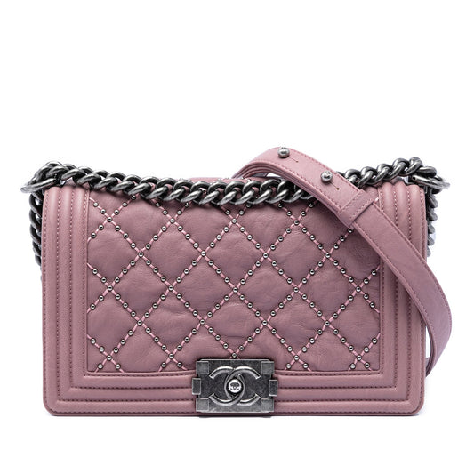 Chanel Old Medium Quilted Crumpled Calfskin Studded Boy Flap