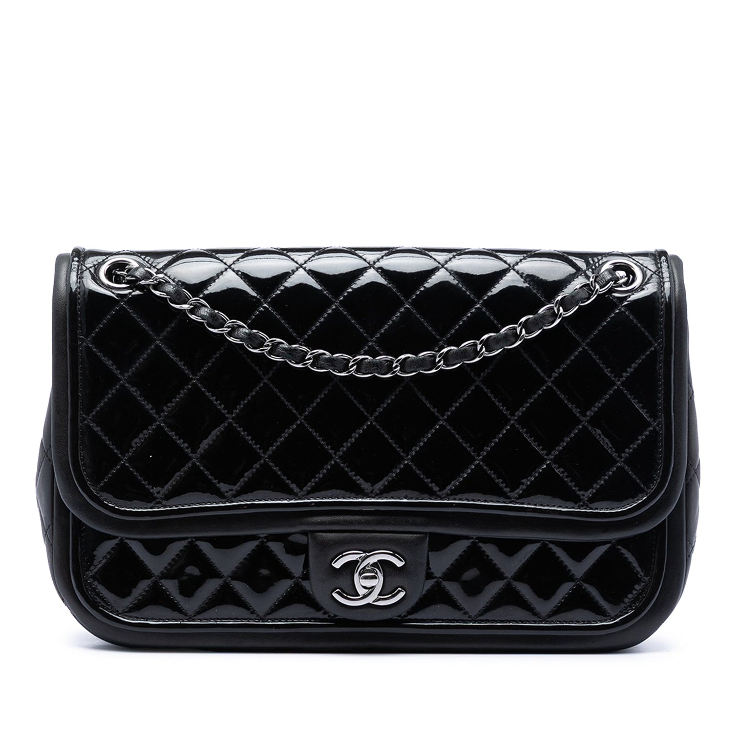 Chanel Jumbo Quilted Patent and Lambskin Trimmed Classic Twist Flap