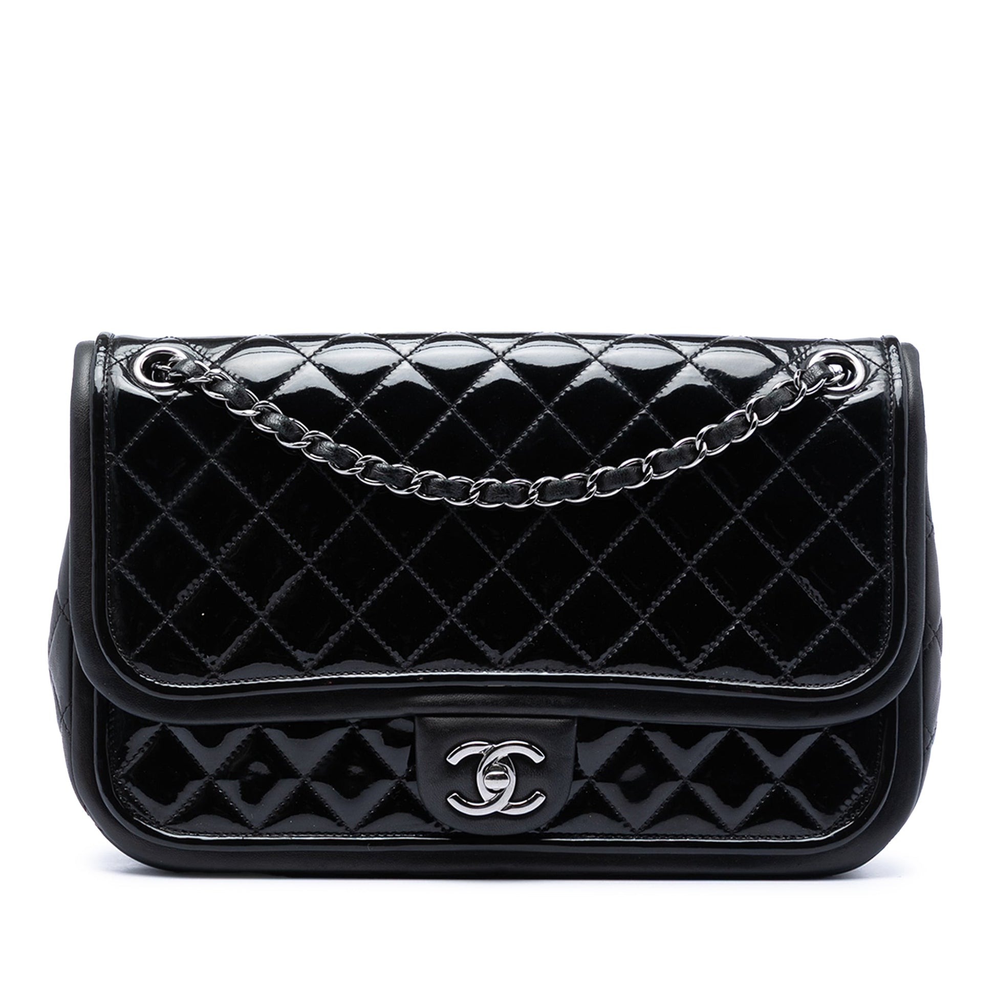 Chanel Jumbo Quilted Patent and Lambskin Trimmed Classic Twist Flap