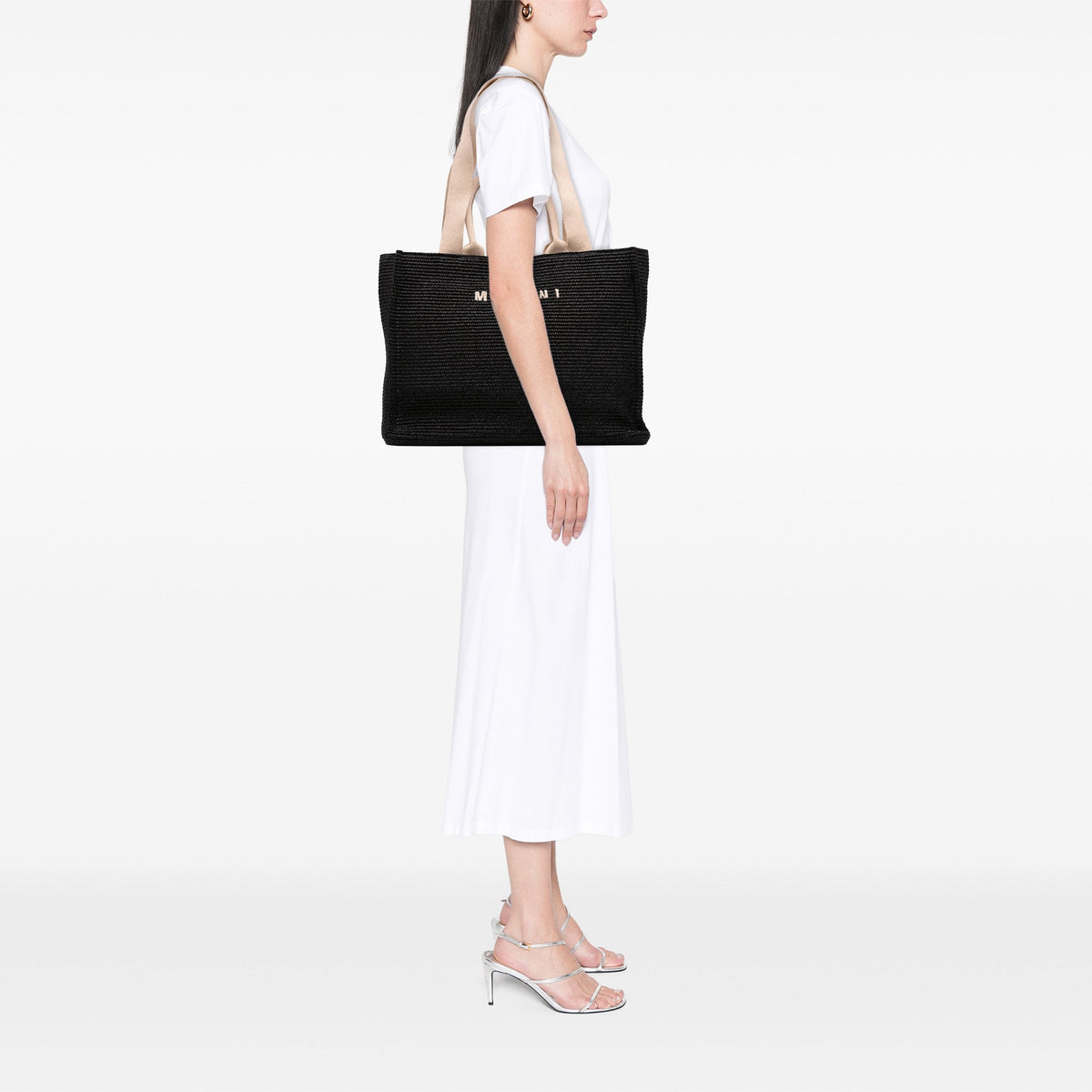 Marni Raffia Effect Nylon Embroidered Logo North West Shopping Tote