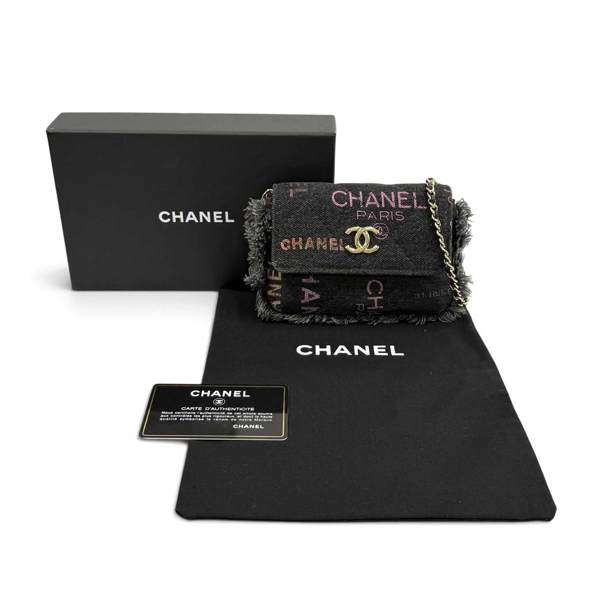Chanel Fringe Denim Mood Clutch with Chain