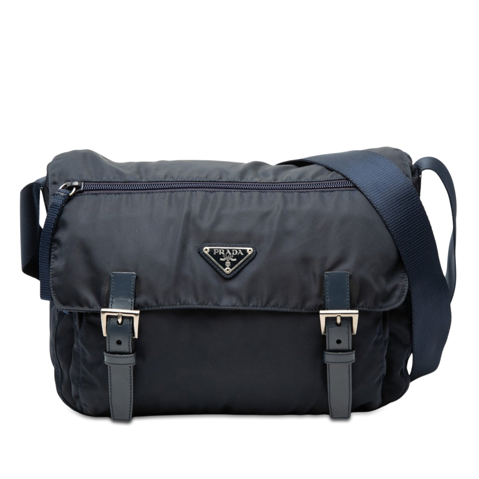 Prada Tessuto Zip Double Buckle Messenger Bag