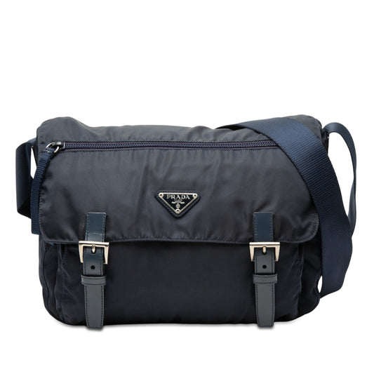 Prada Tessuto Zip Double Buckle Messenger Bag