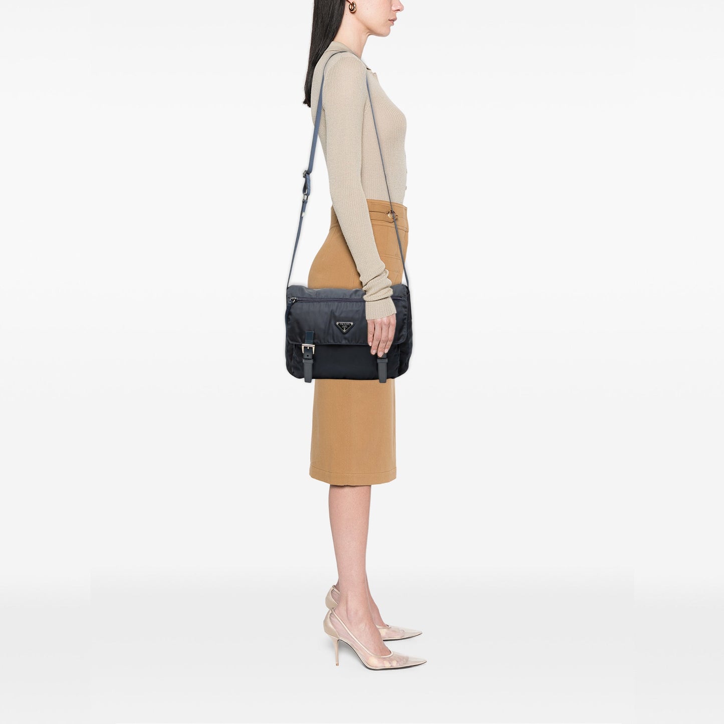 Prada Tessuto Zip Double Buckle Messenger Bag