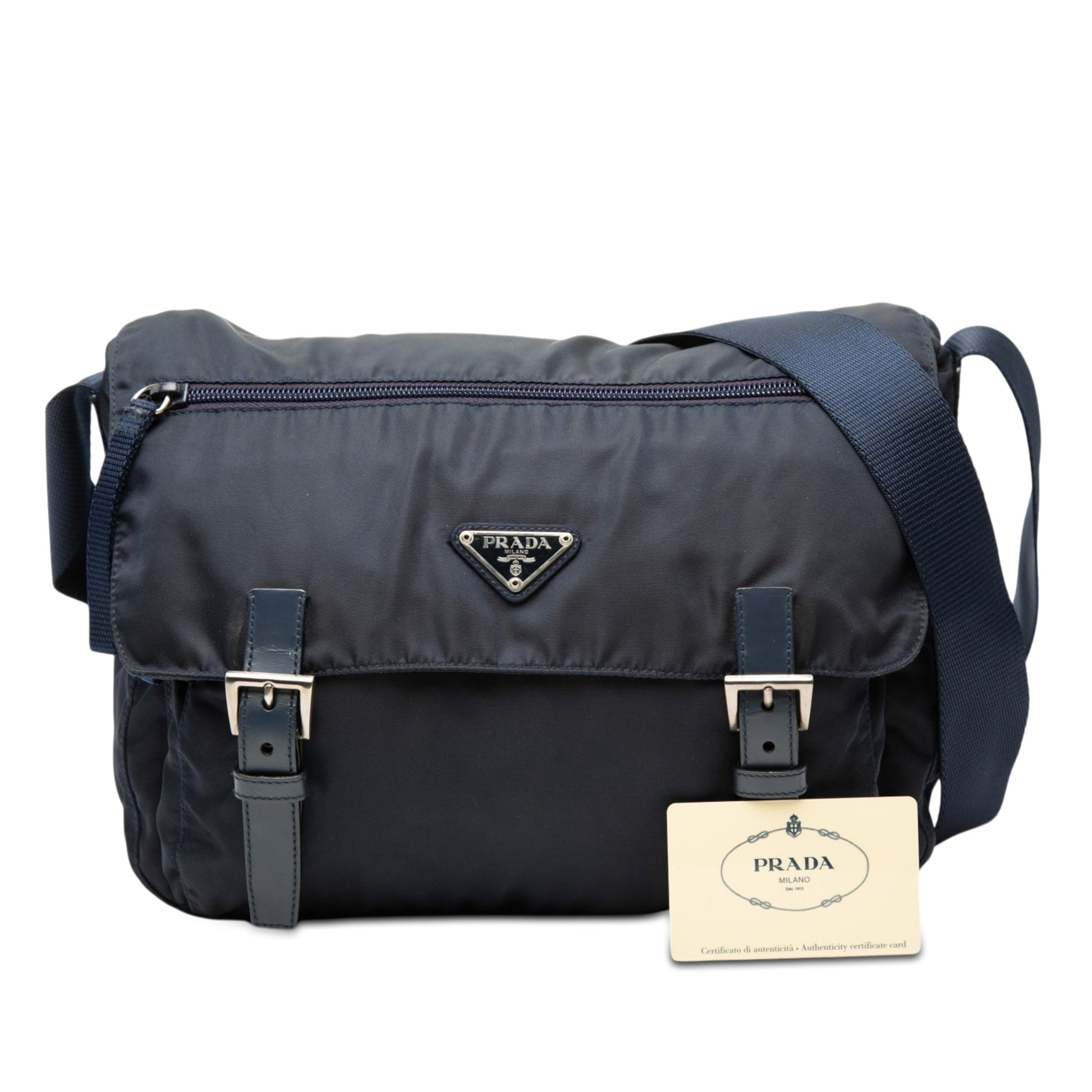 Prada Tessuto Zip Double Buckle Messenger Bag