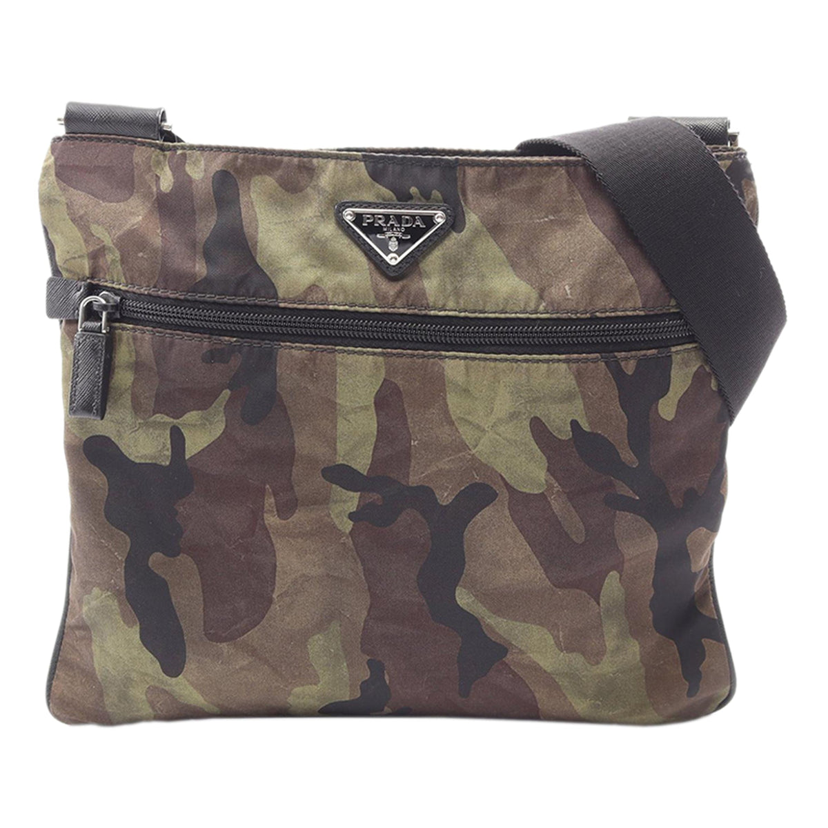 Prada Tessuto Camouflage Zip Top Crossbody — Brown
