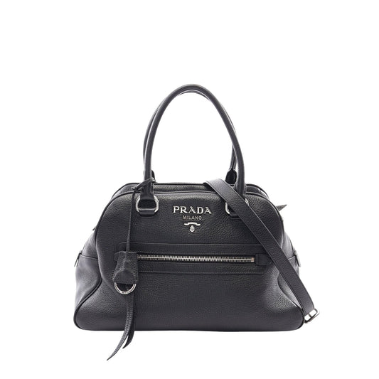 Prada Vitello Daino Zip Top Satchel — Black