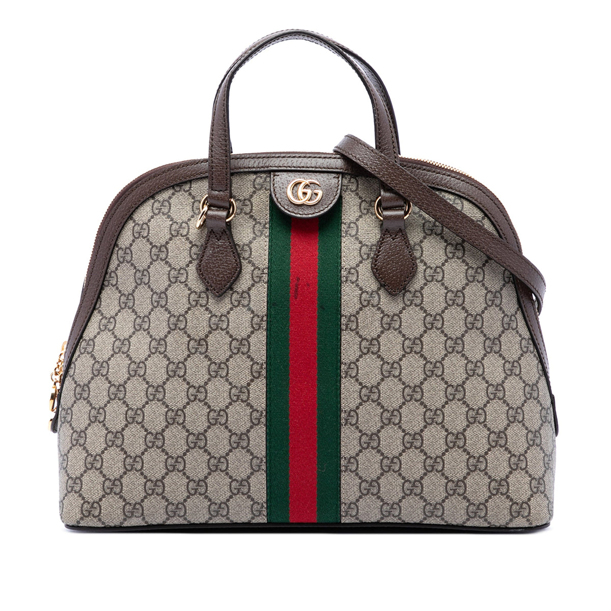 Gucci Medium GG Supreme Ophidia Web Satchel — Beige