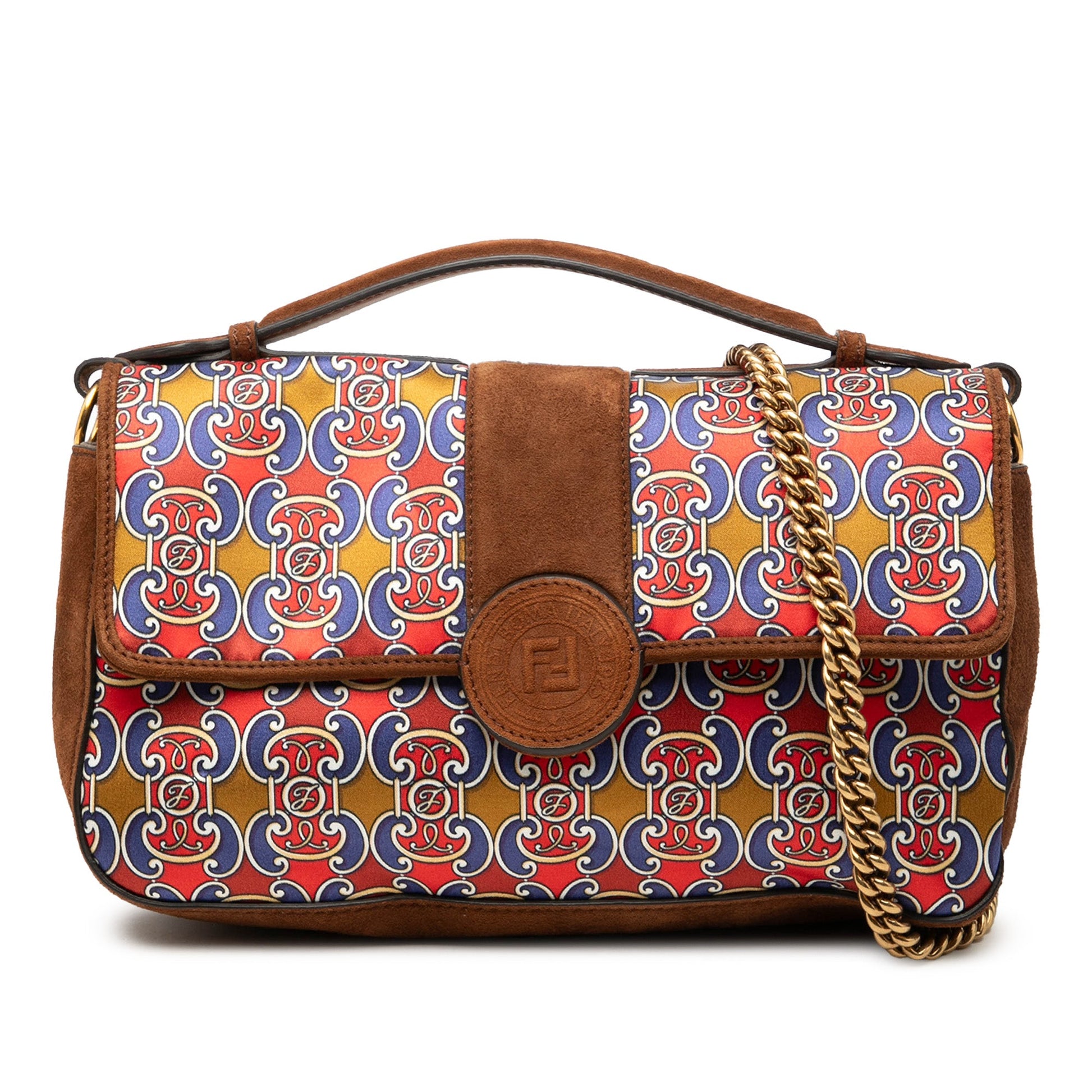 Fendi Printed Satin and Suede Double F Baguette Satchel