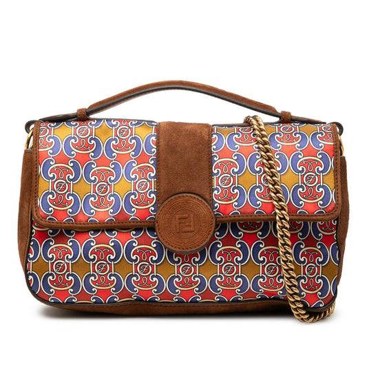 Fendi Printed Satin and Suede Double F Baguette Satchel