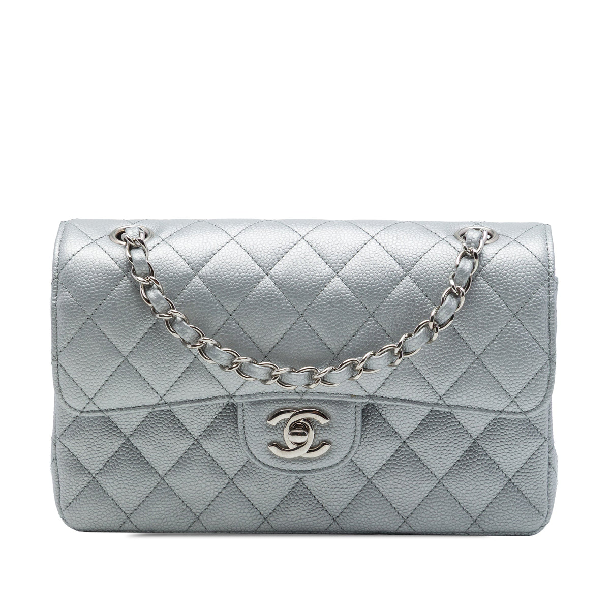 Chanel Medium Classic Metallic Caviar Double Flap — Silver