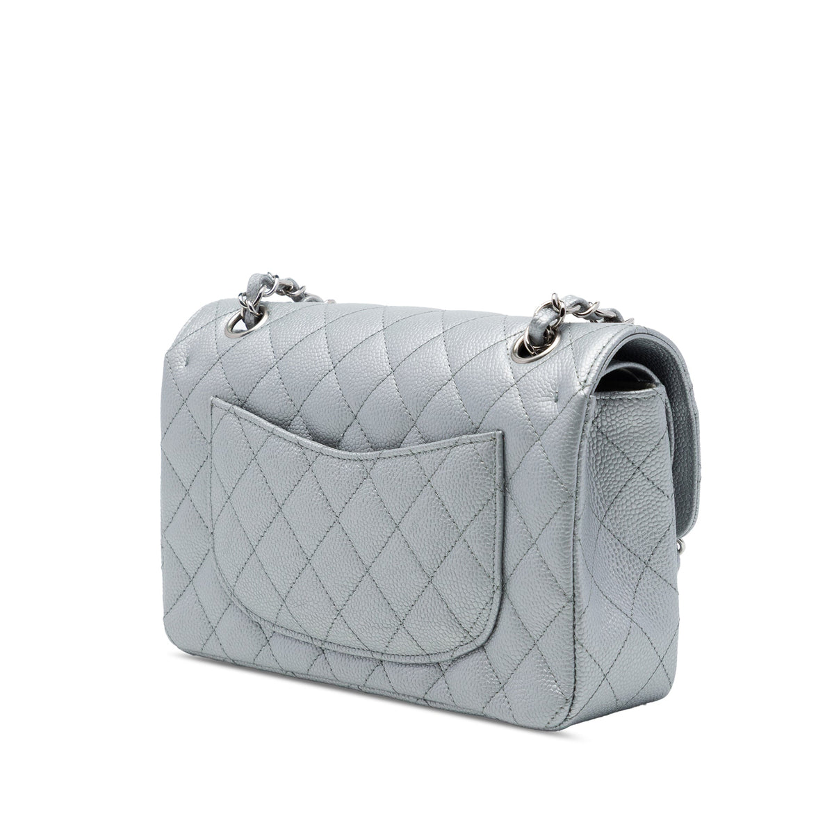 Chanel Medium Classic Metallic Caviar Double Flap — Silver