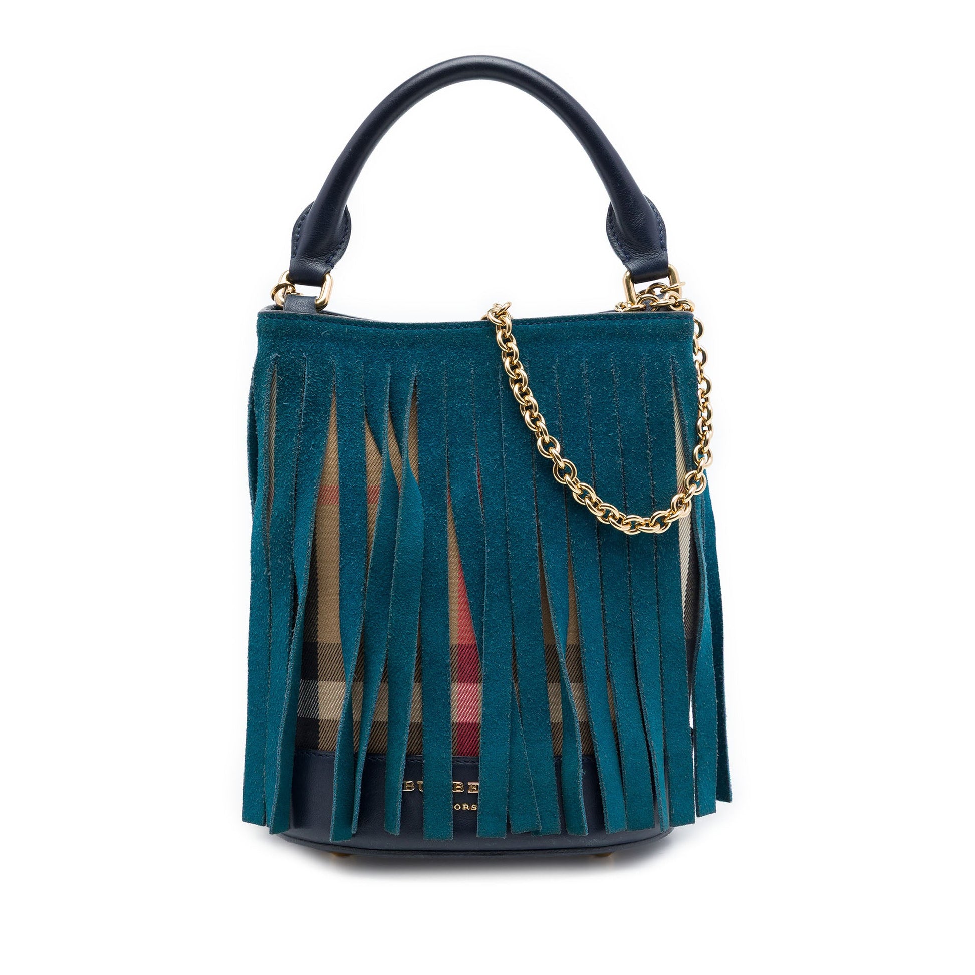 Burberry Prorsum House Check Canvas and Suede Fringe Bucket Bag