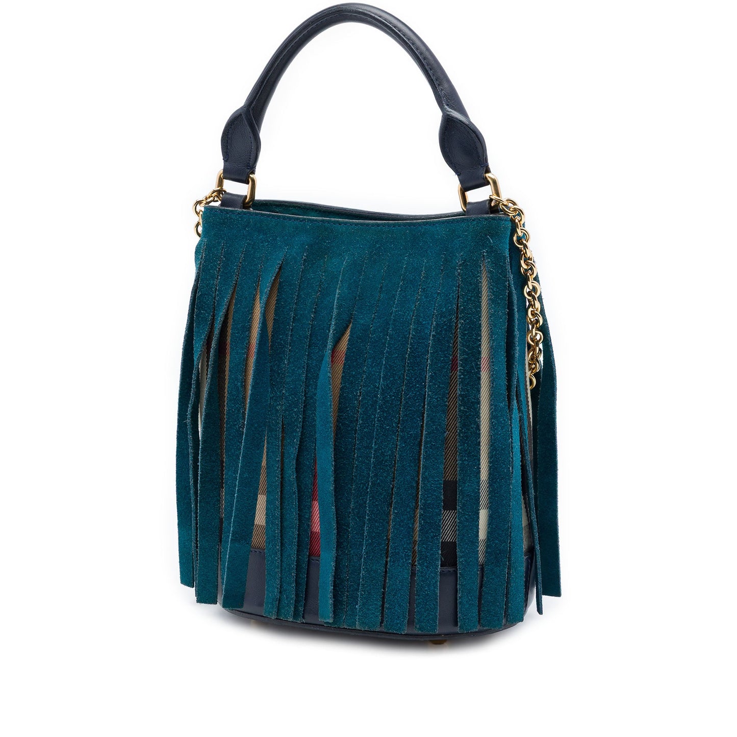 Burberry Prorsum House Check Canvas and Suede Fringe Bucket Bag